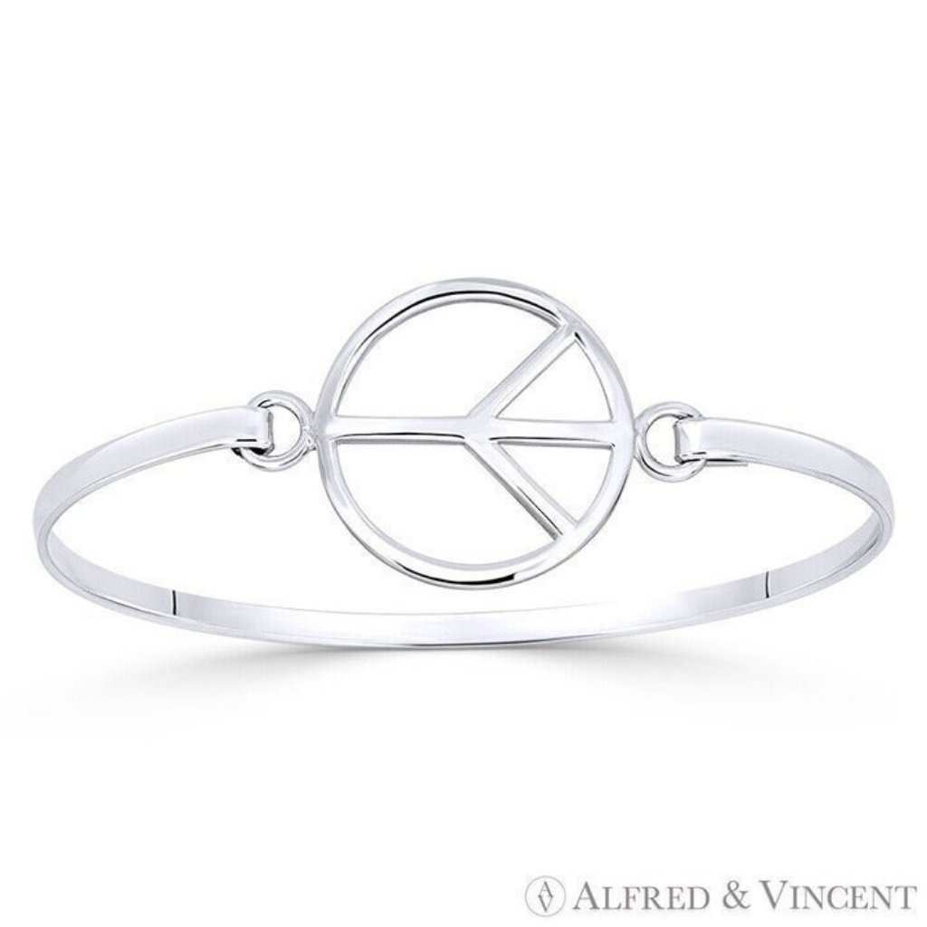 Peace Sign 22mm Circle Charm Bangle Bracelet In Solid .925 Sterling Silver
